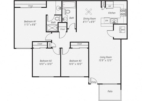 1095 Three Bedroom Floor Plan  at Park Pointe, El Cajon, 92019